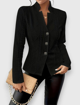 Women's cable-knit mock-neck long-sleeve fitted jumper by Christine Brewer, featuring a cozy, stylish knit design.