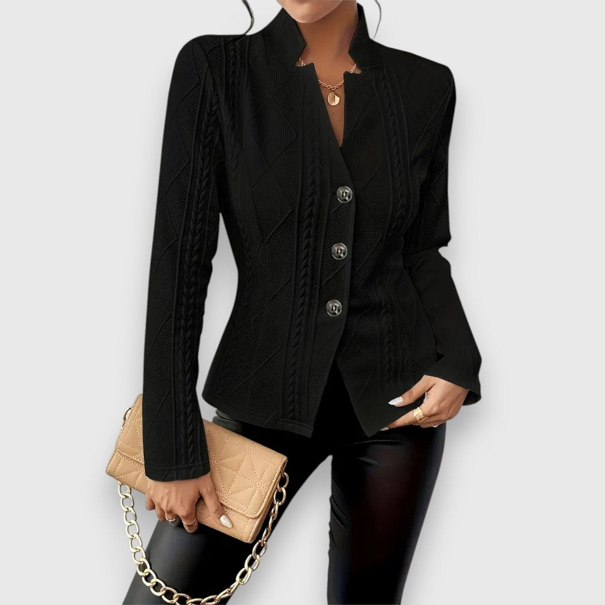 Women's cable-knit mock-neck long-sleeve fitted jumper by Christine Brewer, featuring a cozy, stylish knit design.