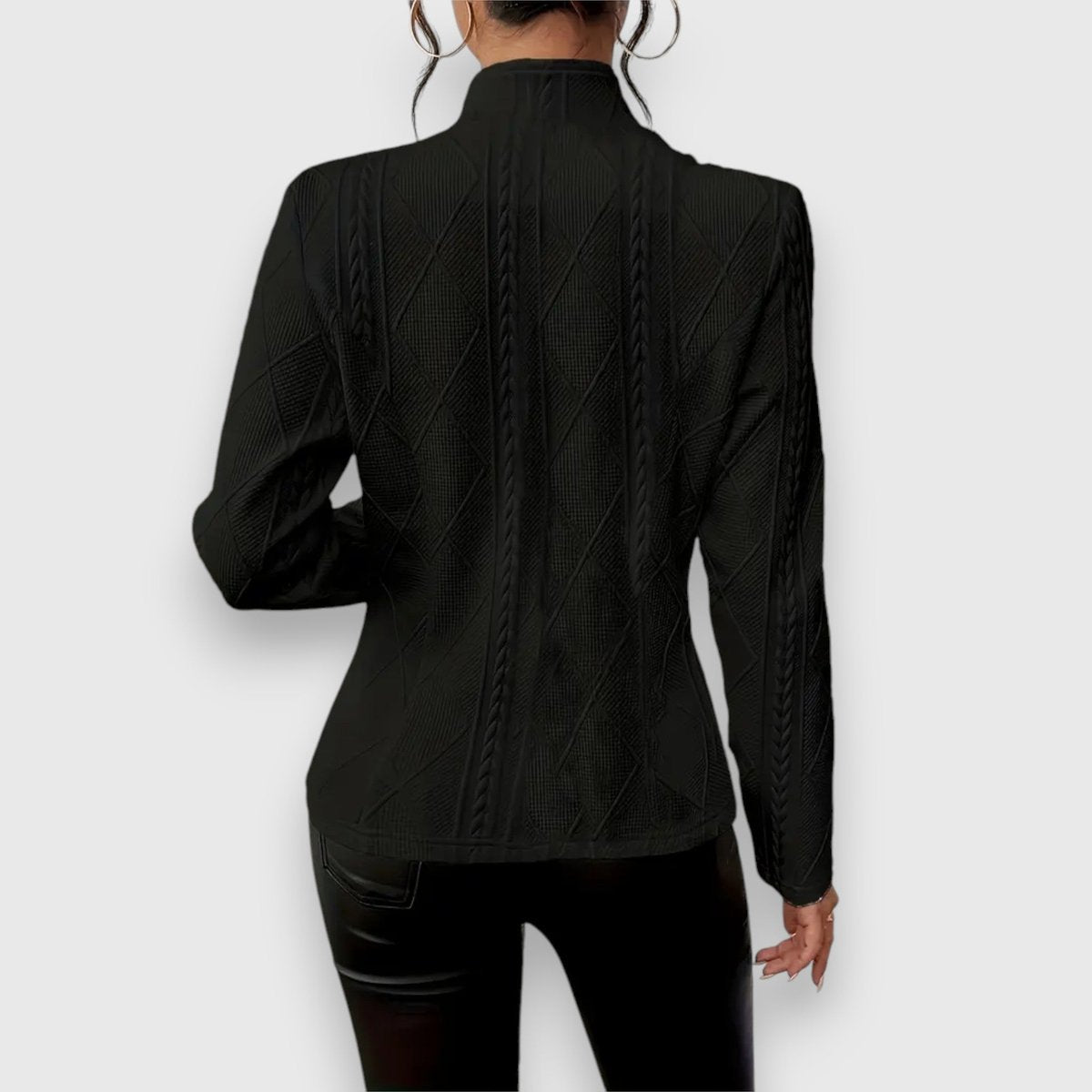 Christine Brewer women's cable-knit mock-neck long-sleeve fitted jumper, cozy and stylish knit sweater for women.