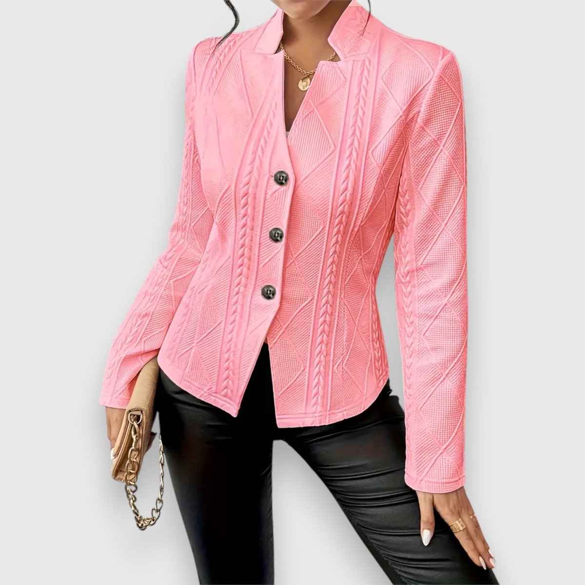Women's cable-knit mock neck long-sleeve fitted jumper by Christine Brewer, featuring a cozy, stylish knit design and classic fit.