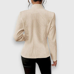 Women's cable-knit mock-neck long-sleeve fitted jumper by Christine Brewer, featuring a cozy, stylish design in soft knit fabric.