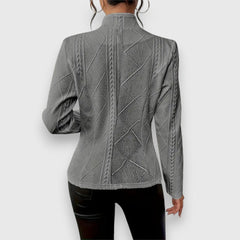Scarlett women's cable-knit mock-neck long-sleeve fitted sweater by Christine Brewer, featuring a cozy knit pattern and snug fit.
