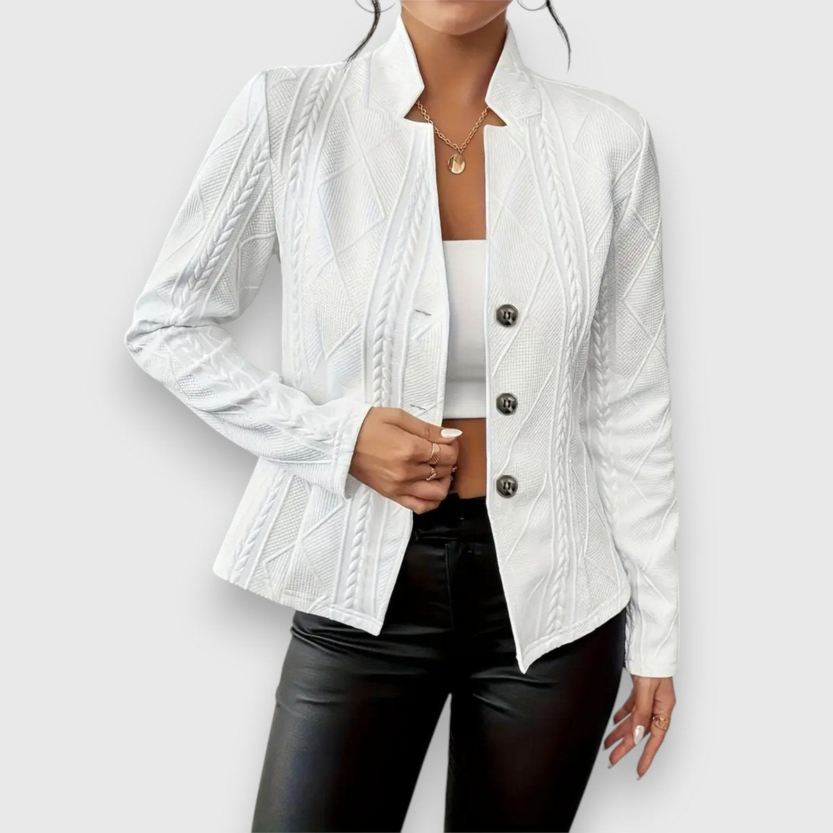 Scarlett women's cable-knit mock-neck long-sleeve fitted sweater by Christine Brewer, showcasing textured knit and snug fit.