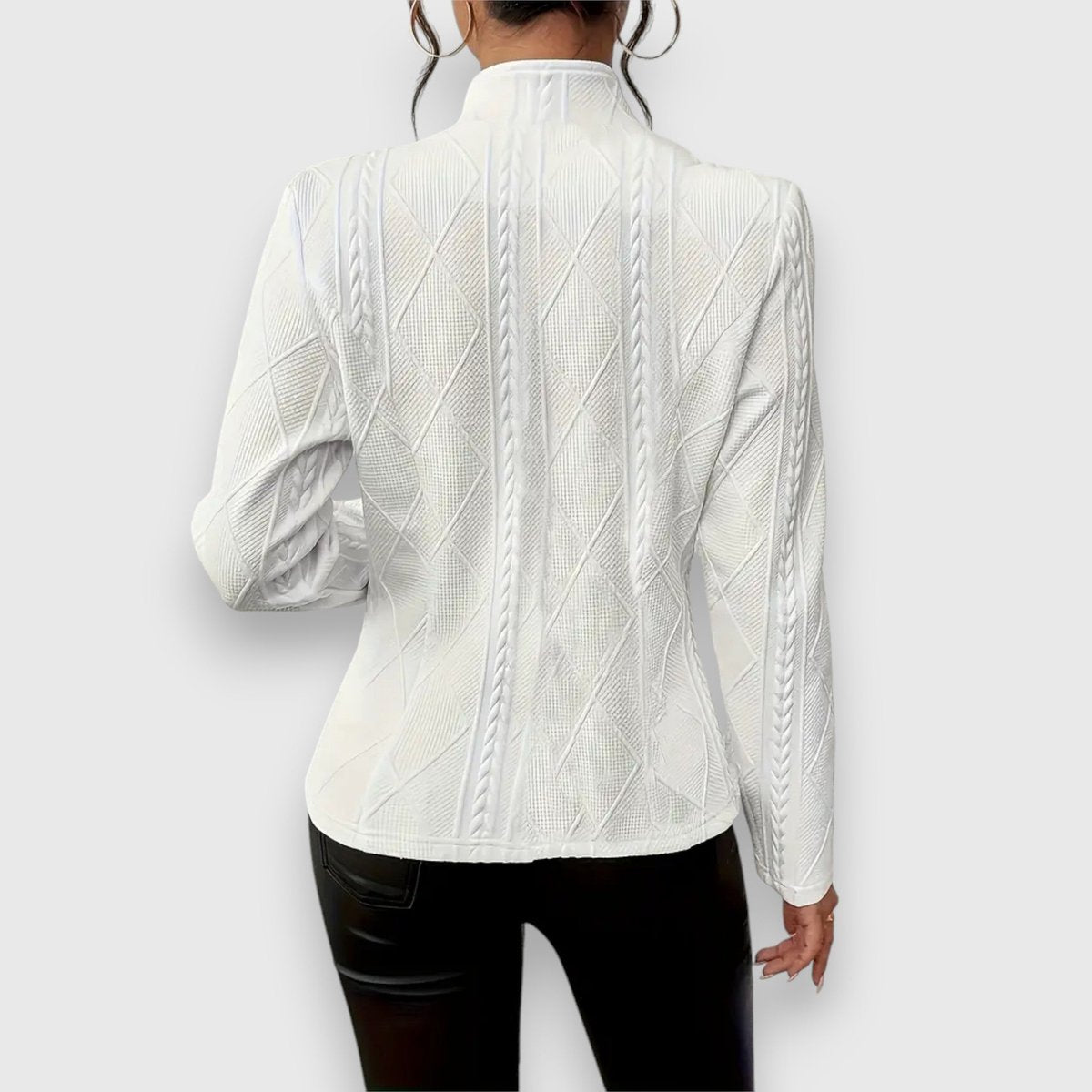 Scarlett women's cable-knit mock-neck long-sleeve fitted sweater by Christine Brewer, showcasing textured knit and fitted silhouette.
