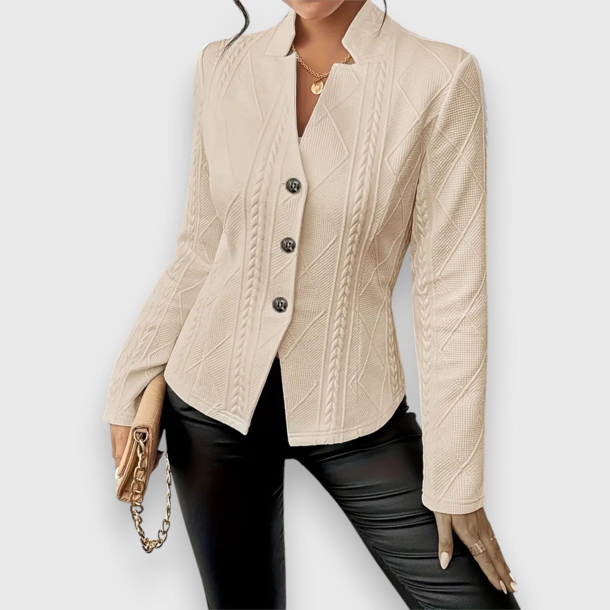 Scarlett women's cable-knit mock-neck long-sleeve fitted sweater by Christine Brewer, showing detailed knit pattern and snug fit.