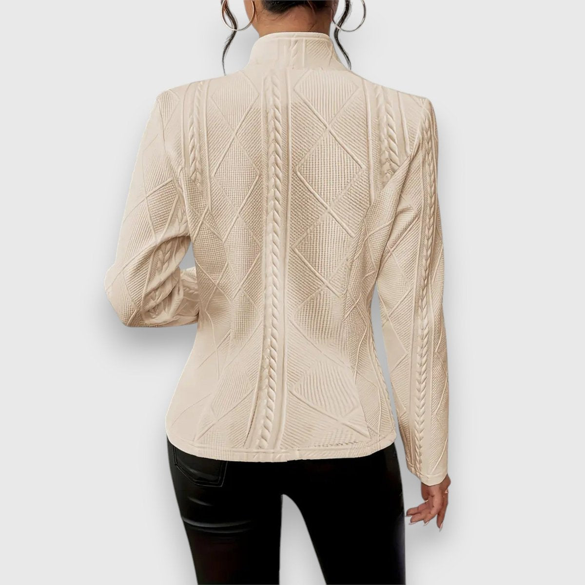 Scarlett women's cable-knit mock-neck long-sleeve fitted sweater by Christine Brewer, showcasing a cozy, stylish knit design.