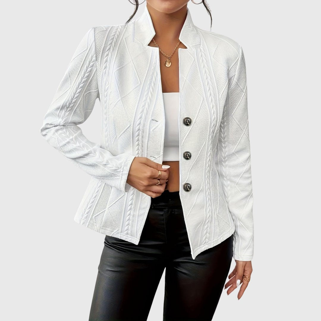 Women's cable-knit blazer jacket with textured knit and button-front design by Christine Brewer. Tailored fit and stylish look.