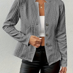 Women's cable-knit blazer jacket with textured knit, button-front design by Christine Brewer, tailored fit, and classic style.
