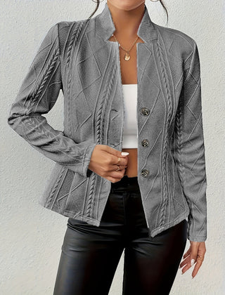 Women's cable-knit blazer jacket with textured knit, button-front design by Christine Brewer, tailored fit, and classic style.