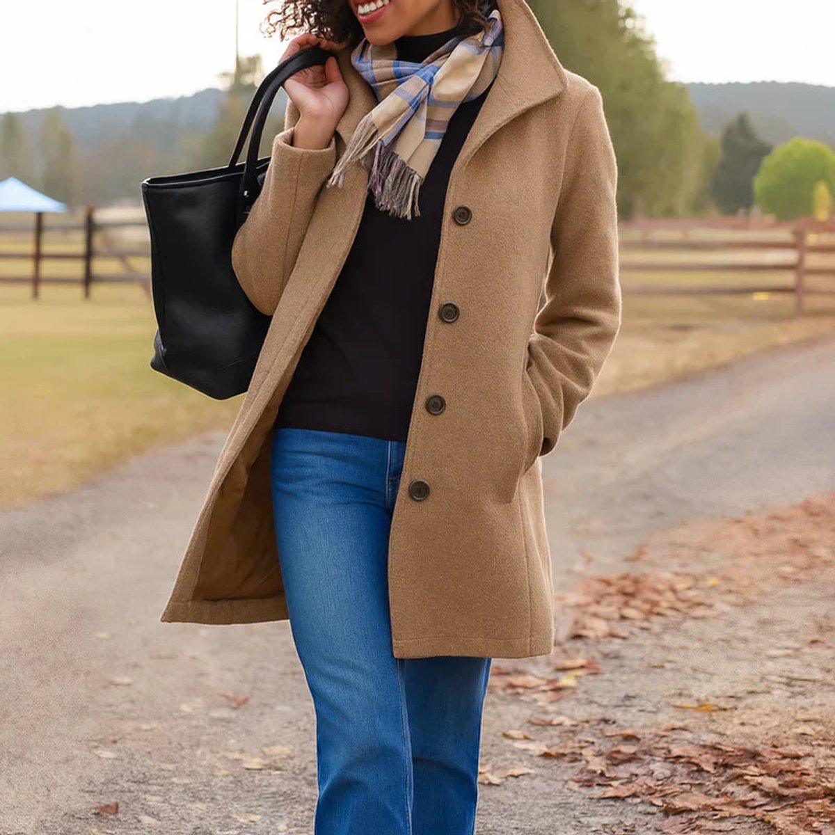 Women's classic mid-length button-up coat by Christine Brewer, featuring a stylish button-front design and tailored fit.