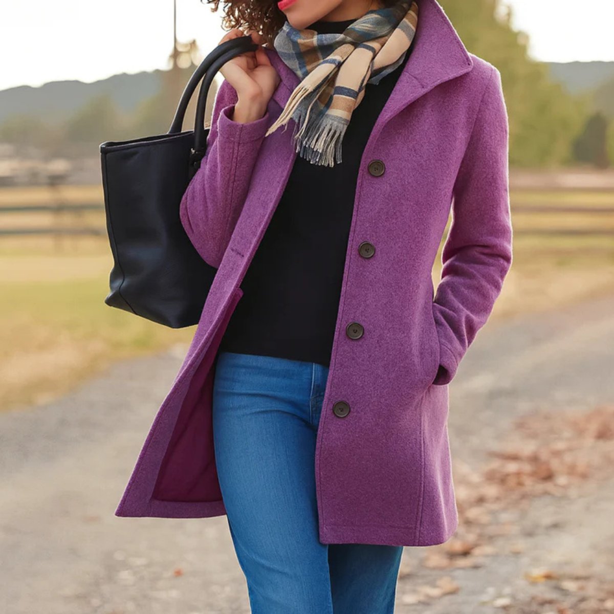 Women's classic mid-length button-up coat by Christine Brewer, featuring a button-front design and tailored fit.