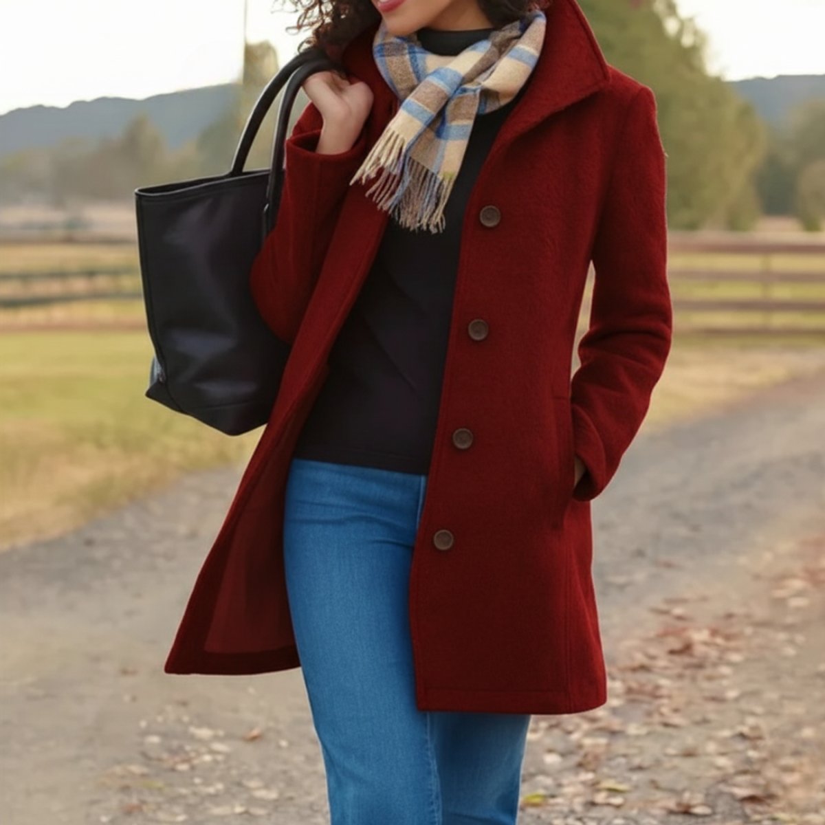 Women's classic mid-length button-up coat by Christine Brewer, shown in a stylish, tailored design with front buttons and long sleeves.