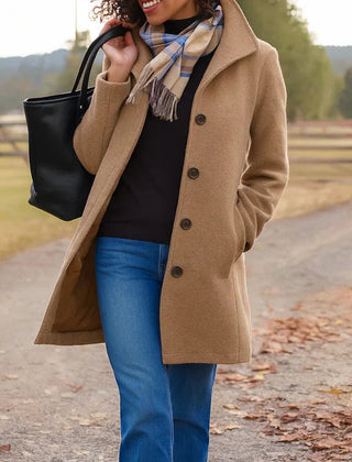 Emma women's classic mid-length single-breasted wool-blend coat in neutral color, shown on a model.