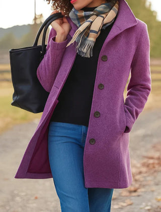 Emma women's classic mid-length single-breasted wool-blend coat in neutral color, tailored fit with lapel collar and front buttons.