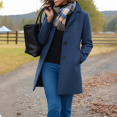 Emma women's classic mid-length single-breasted wool-blend coat with collar and buttons, stylish and warm for fall and winter.