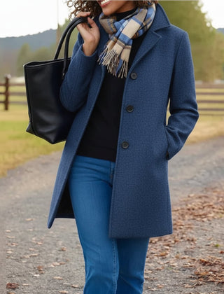 Emma women's classic mid-length single-breasted wool-blend coat with collar and buttons, stylish and warm for fall and winter.