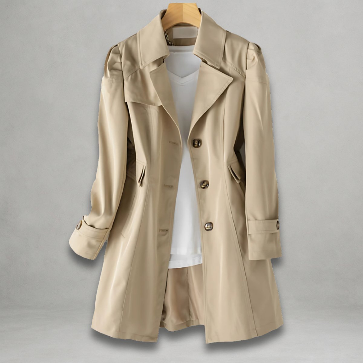 Women’s classic fit single-breasted trench coat with notch lapel, by Christine Brewer, shown on a model.