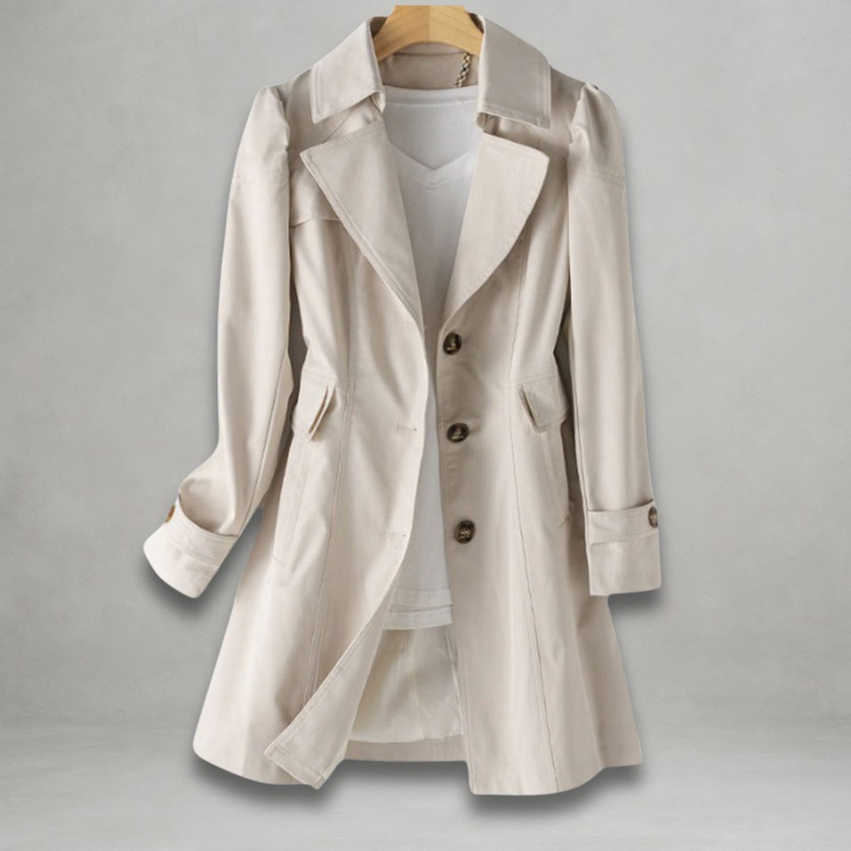 Women’s classic fit single-breasted trench coat with notch lapel by Christine Brewer, shown in a neutral color on a model.