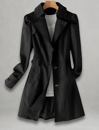 Women's classic fit single-breasted trench coat with notch lapel by Christine Brewer, shown in a stylish, tailored design.