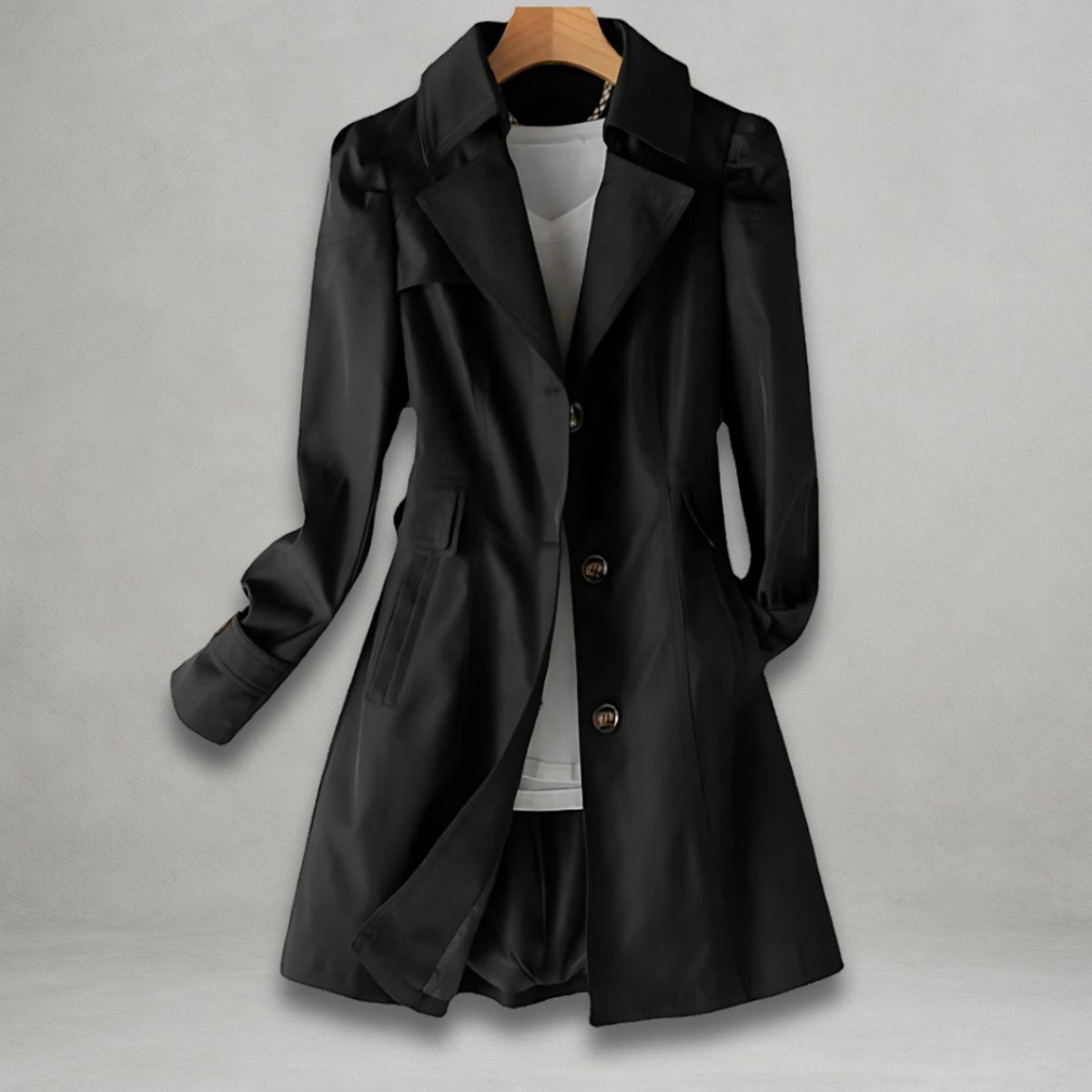 Women's classic fit single-breasted trench coat with notch lapel by Christine Brewer, shown in a stylish, tailored design.