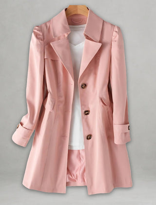 Women’s classic fit single-breasted trench coat with notch lapel by Christine Brewer, shown in a stylish, tailored design.