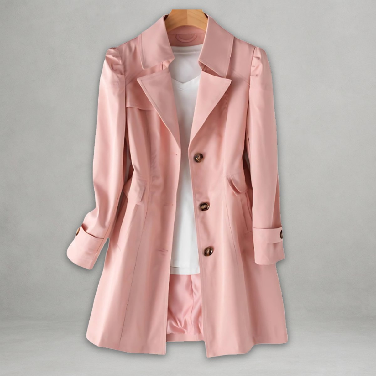 Women’s classic fit single-breasted trench coat with notch lapel by Christine Brewer, shown in a stylish, tailored design.