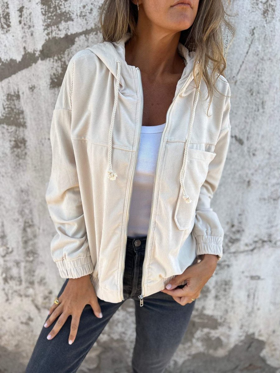 Mia women's oversized corduroy hooded zip-up jacket by Christine Brewer, casual style with front pockets and a relaxed fit.