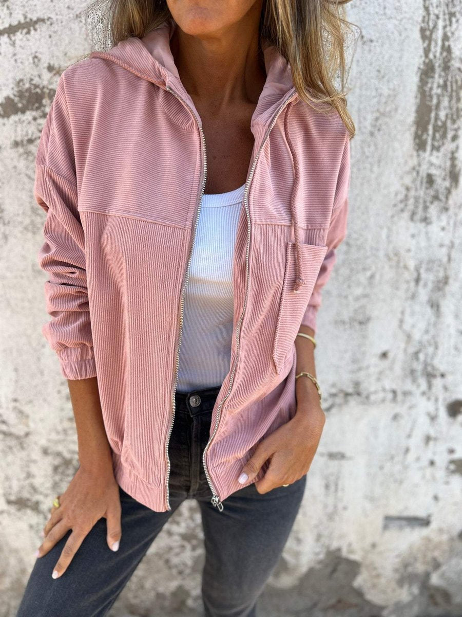 Scarlett women's oversized corduroy hooded zip-up quilted jacket by Christine Brewer, showcasing its cozy, stylish design and oversized fit.