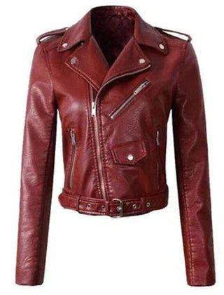 Women's cropped faux leather biker jacket by Christine Brewer featuring a zip-up front and stylish design.