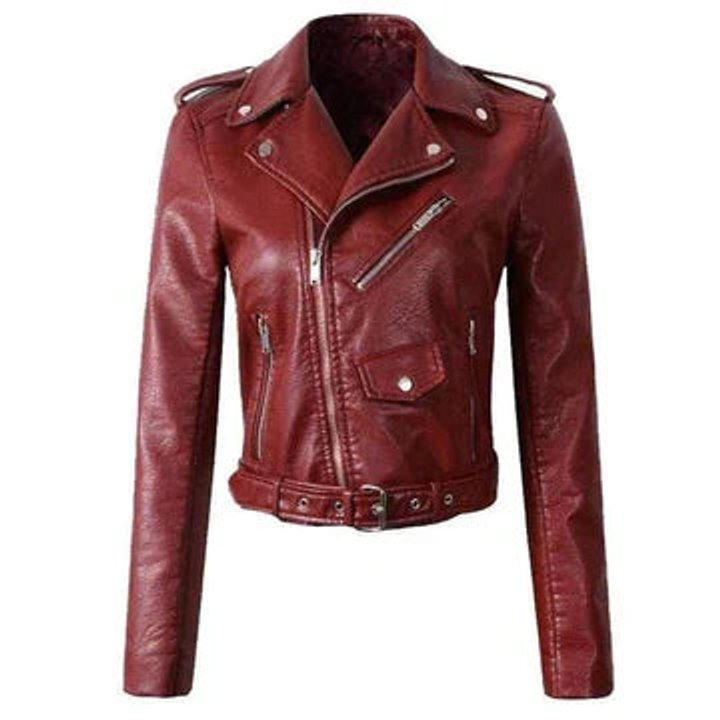 Women's cropped faux leather biker jacket by Christine Brewer featuring a zip-up front and stylish design.