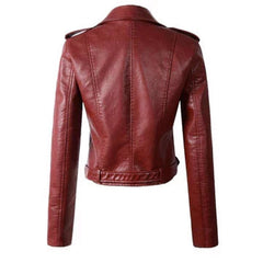 Women's cropped faux leather biker jacket by Christine Brewer, featuring a zip-up front and stylish design.