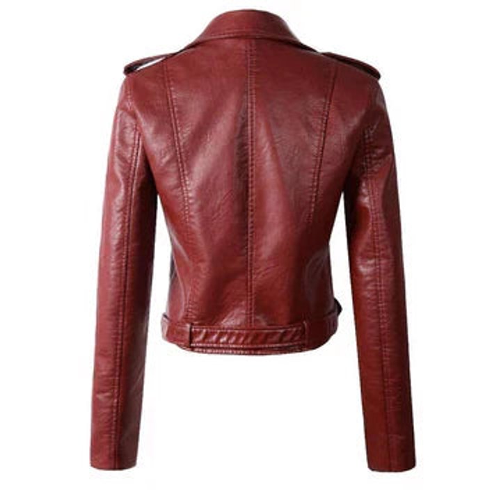 Women's cropped faux leather biker jacket by Christine Brewer, featuring a zip-up front and stylish design.