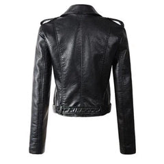 Women's cropped faux leather biker jacket by Christine Brewer with front zipper, stylish and fitted for a modern look.