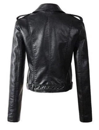 Women's cropped faux leather biker jacket by Christine Brewer with front zipper, stylish and fitted for a modern look.