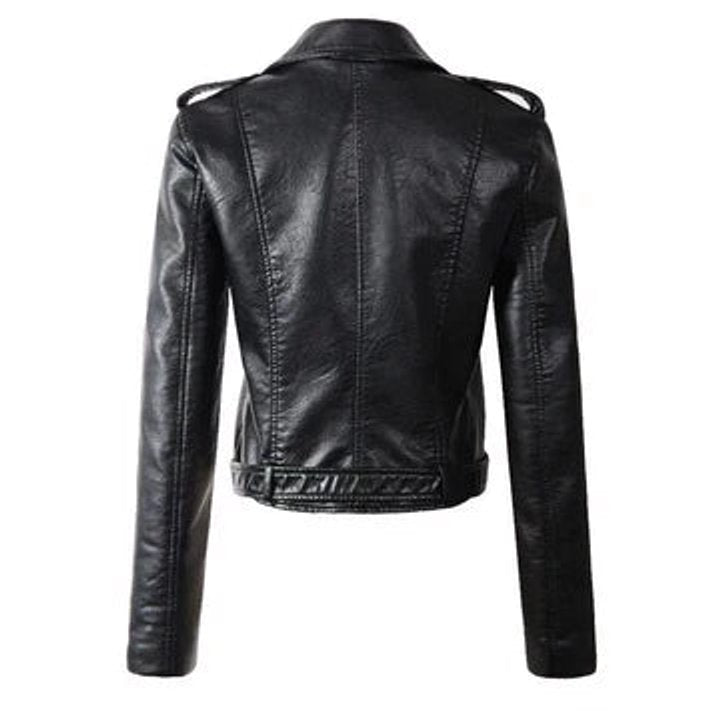 Women's cropped faux leather biker jacket by Christine Brewer with front zipper, stylish and fitted for a modern look.