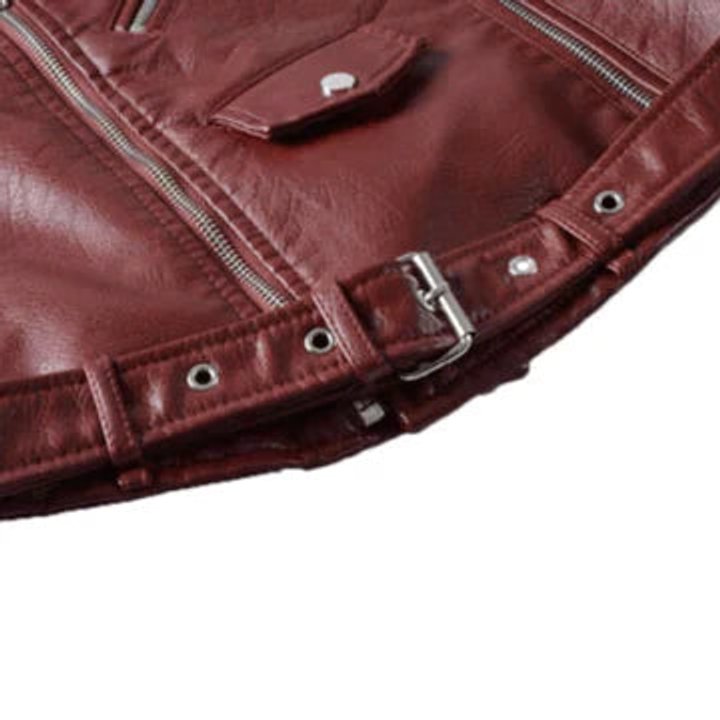 Women's cropped faux leather biker jacket by Christine Brewer, featuring a zip-up front and stylish design.