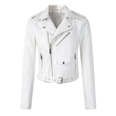Women’s cropped faux leather biker jacket by Christine Brewer with a zip-up front, stylish and fitted for a modern look.