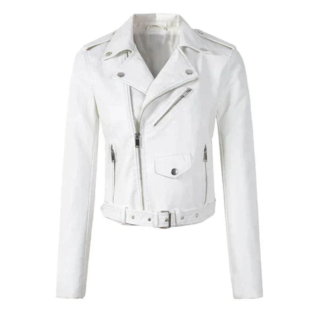 Women’s cropped faux leather biker jacket by Christine Brewer with a zip-up front, stylish and fitted for a modern look.