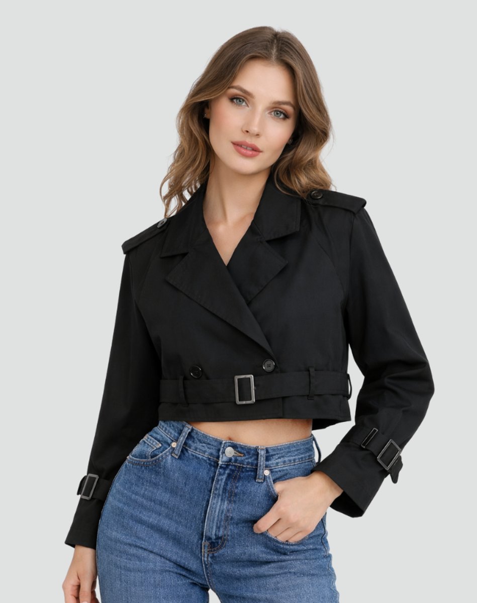 Women’s cropped double-breasted belted trench coat by Christine Brewer, featuring a classic design with a tailored fit.