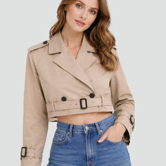 Women's Madison cropped double-breasted belted trench coat jacket by Christine Brewer, shown in a stylish beige color.