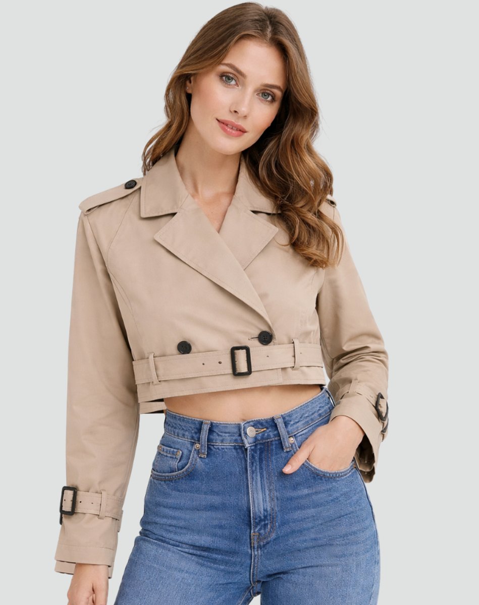Women's Madison cropped double-breasted belted trench coat jacket by Christine Brewer, shown in a stylish beige color.