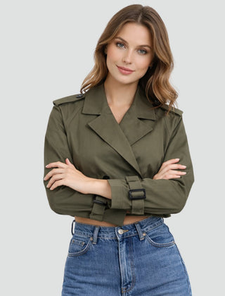 Women's cropped double-breasted belted trench coat jacket by Christine Brewer, featuring a classic trench style and tailored fit.