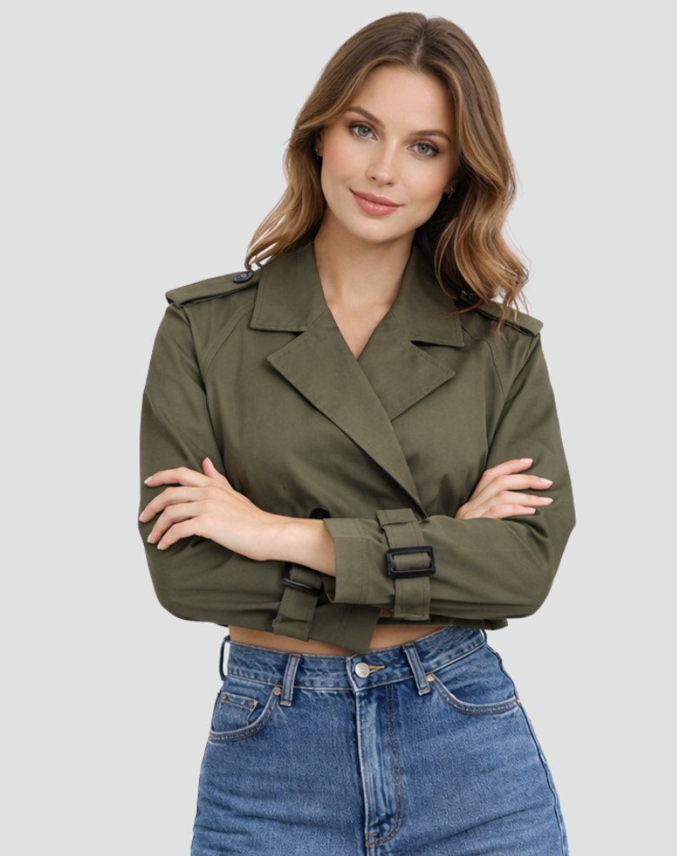 Women's cropped double-breasted belted trench coat jacket by Christine Brewer, featuring a classic trench style and tailored fit.