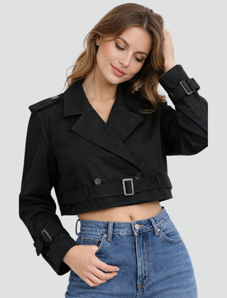 Women's cropped double-breasted trench coat by Christine Brewer featuring a belted waist and classic trench style.