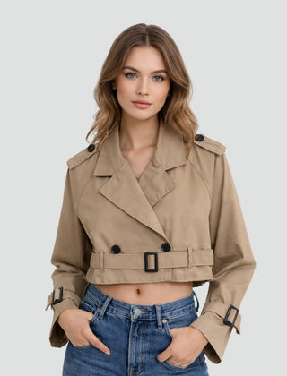 Women's cropped double-breasted belted trench coat by Christine Brewer, shown with classic trench design and tailored fit.