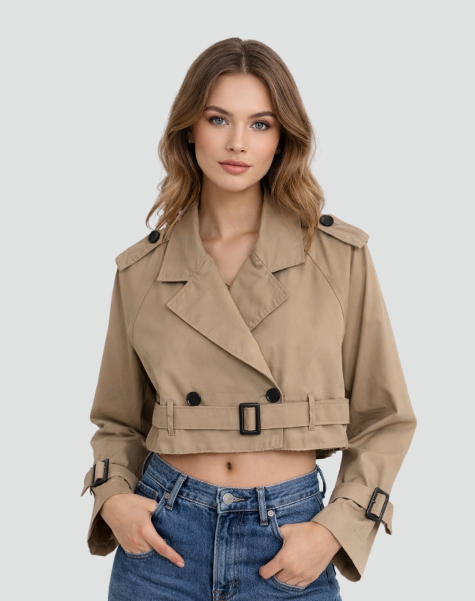 Women's cropped double-breasted belted trench coat jacket by Christine Brewer, featuring classic trench style, collar, and waist belt.