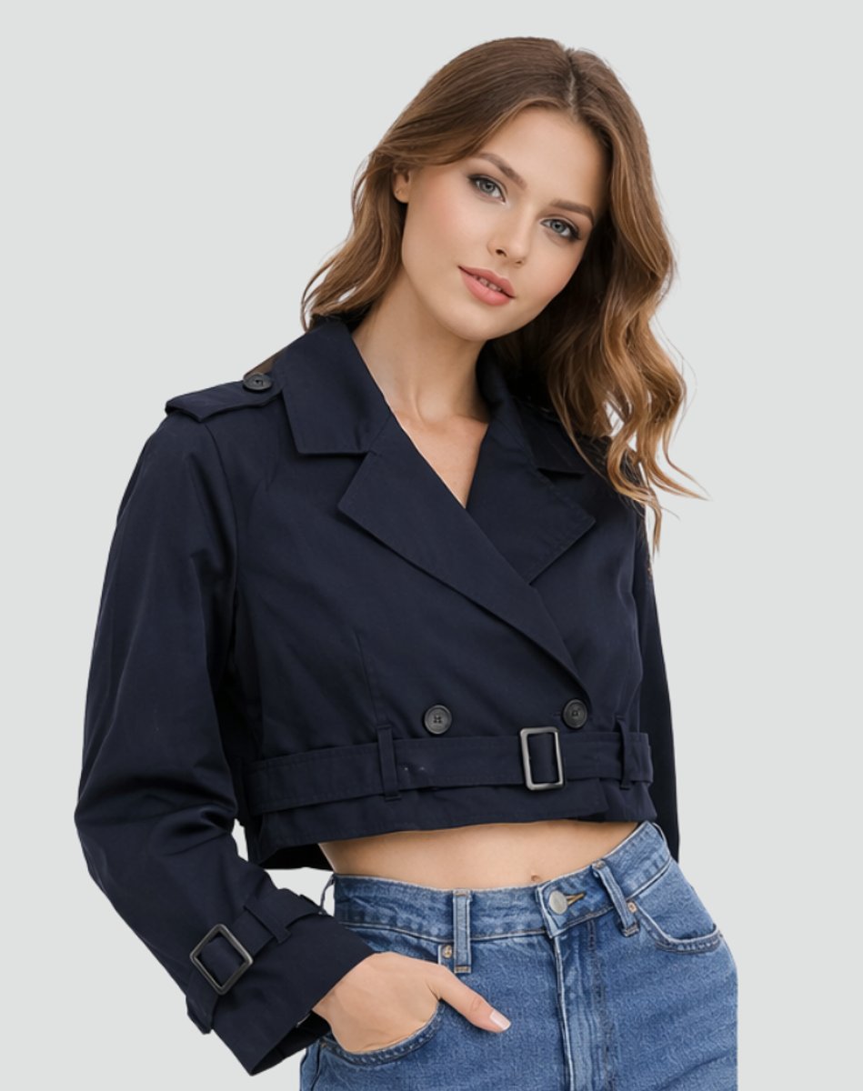Women's Madison Cropped Double-Breasted Belted Trench Coat by Christine Brewer, shown on model with classic trench design and belt details.