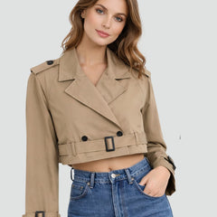 Women's cropped double-breasted belted trench coat jacket by Christine Brewer, featuring a classic design and tailored fit.