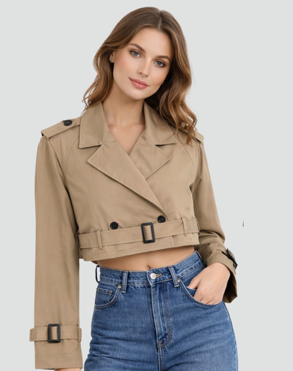 Women's cropped double-breasted belted trench coat jacket by Christine Brewer, featuring a classic design and tailored fit.