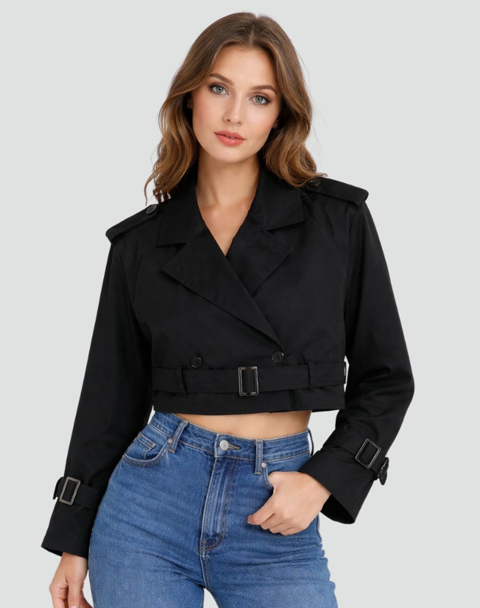 Women's cropped double-breasted belted trench coat by Christine Brewer, featuring classic design and tailored fit.